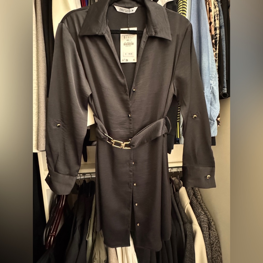 Zara Stylish Satin look Black Button-Down Dress